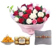 Rakhis with Bouquet Mixed Roses, Chocolate And Laddu