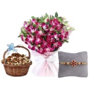 Rakhi with Bouquet Of Purple Orchids and Mixed Dry Fruits