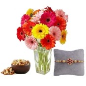 Rakhi with Bouquet Of Mixed Gerberas and Mixed Dry Fruits