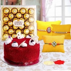 Red Velvet Cake Big Ferrero Rocher  in beautiful packing 3 Rakhi for brother and roli chawal