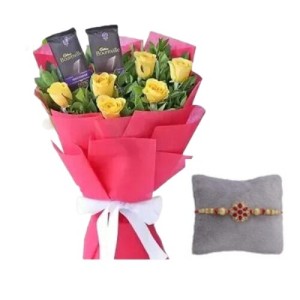 Rakhi with Chocolates and Yellow Roses Flower Arrangement