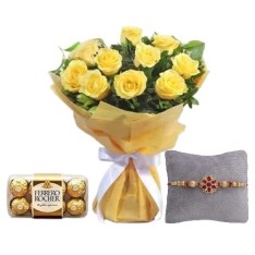 Rakhi with Bouquet Of Yellow Roses and Chocolates