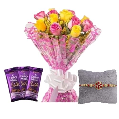 Rakhi with Bouquet Of Pink and Yellow Roses With Chocolates