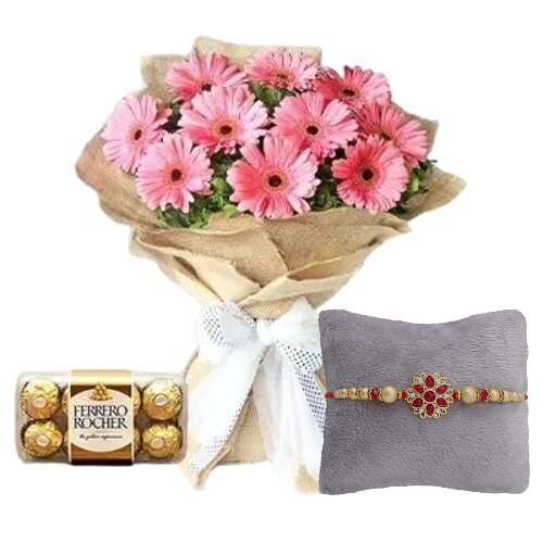 Rakhi with Bunch Of Pink Gerberas and Chocolates