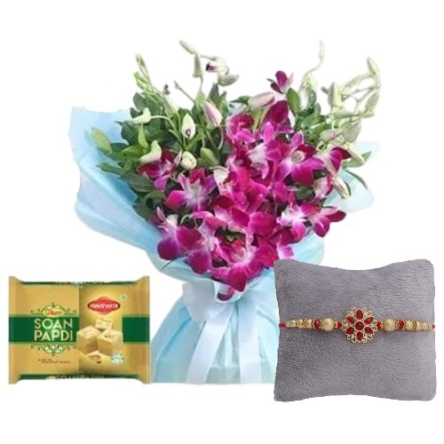 Rakhis with Soan Papdi and Bouquet Of Purple Orchids